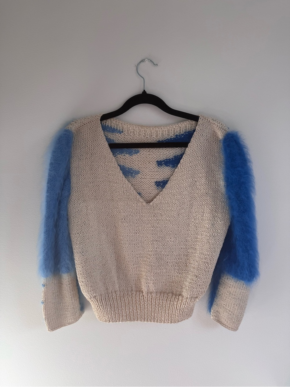 V-Neck Sweater with Blue Fuzzy Sleeves